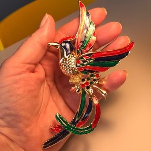 Large 6 in bird brooch-red, navy blue, green.